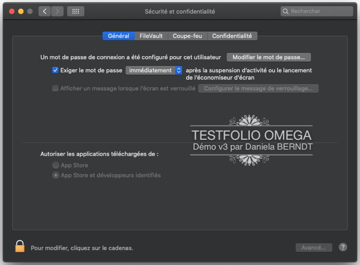  Paramètres macOS Catalina (Testfolio Oméga v3.0/2020+). 